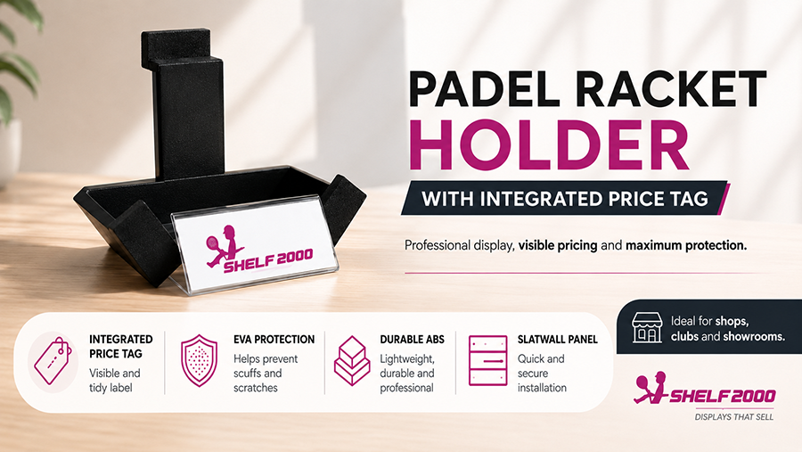 showing a slatwall padel racket holder with integrated price tag, EVA protection and durable ABS construction.